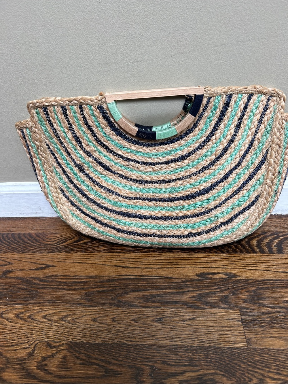 Shiraleah Straw Semi-Circle Clutch with Navy and Mint Stripes - Picture 2 of 4